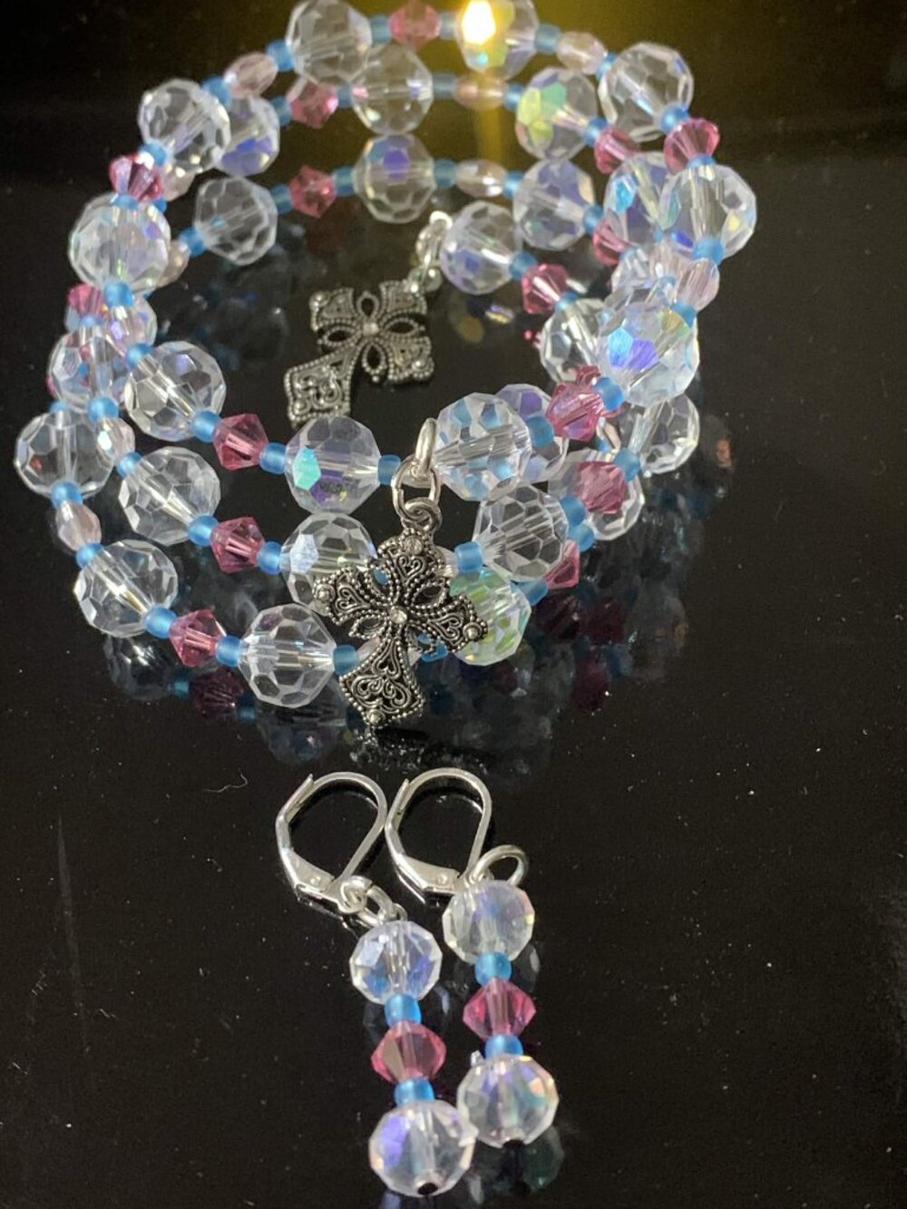 Handmade beaded faith coil bracelet and earrings set